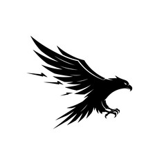 A striking black and white illustration of an eagle in flight with stylized wing feathers and sharp talons