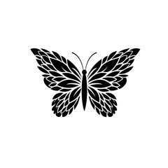 A detailed black and white illustration of a butterfly with intricate wing patterns on a white background