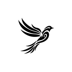 A stylized black and white image of a bird in flight with decorative wing and body patterns design art