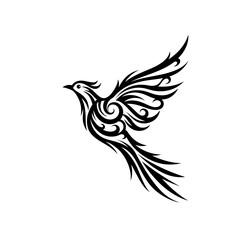 A stylized black and white bird illustration with intricate swirling patterns on a white background artful design