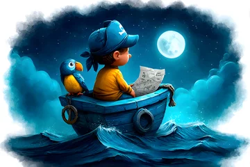 Watercolor scene with baby pirate sailing toy boat, compass, treasure map, parrot, anchor, and waves under a glowing moon. Isolated, no background. Ultra HD