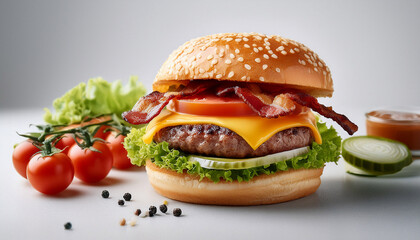 delicious bacon cheeseburger with cold beer served on white plate