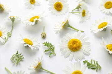 Obraz premium Beautiful chamomile flowers and green leaves on white background, above view