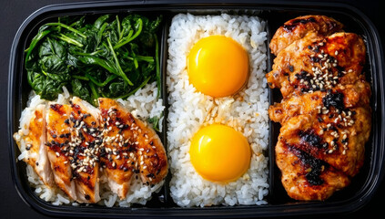 Simple Minimalist Bento Box with Grilled Chicken, Rice, Spinach, and Sunny-Side-Up Eggs
