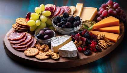 a colorful cheese board with various cheeses cured meats nuts olives grapes blackberries and crackers arranged on a wooden platter