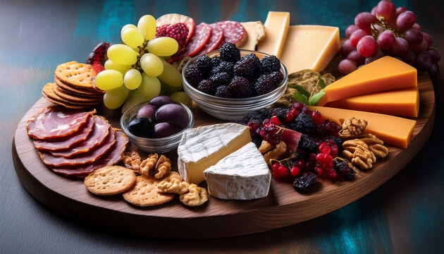 a colorful cheese board with various cheeses cured meats nuts olives grapes blackberries and crackers arranged on a wooden platter