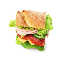 Tasty baguette sandwich with ham and vegetables isolated on white