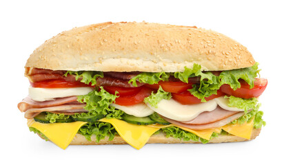 Tasty baguette sandwich with ham, cheese and vegetables isolated on white