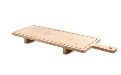 One wooden serving board with legs isolated on white. Space for text
