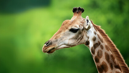 Obraz premium giraffe portrait on green background
