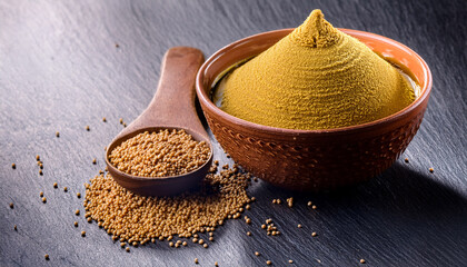 mustard sauce jar and bowl of powdered mustard seeds scoop of whole mustard grain