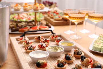 Buffet menu. Many different appetizers on table, closeup