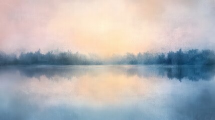 Fototapeta premium Serene lake scene at dawn, painted in soft hues.