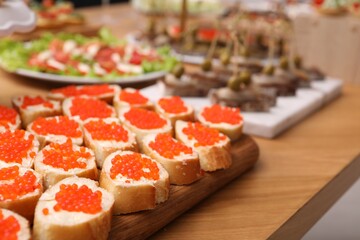 Buffet menu. Many different appetizers on table, closeup