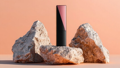 Minimalist Pink and Black Cosmetic Bottle Displayed on Stone Pedestal
