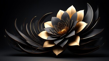 Elegant Black and Gold Lotus Flower 3D Rendered Floral Art