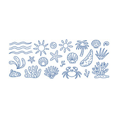 Fototapeta premium Simple hand drawn beach themed elements including shells starfish sun and ocean waves