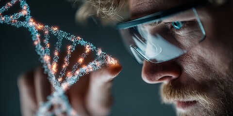 Scientist examining glowing digital DNA strand with futuristic augmented reality interface