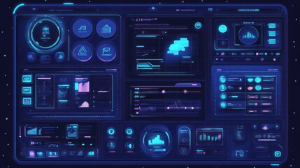 Obraz premium Futuristic dashboard with numerous glowing screens displaying data graphs, icons, and charts