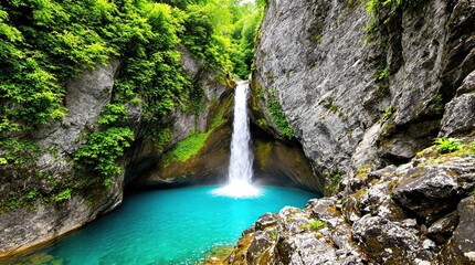 Waterfall cascading into turquoise pool nestled between rocky cliffs with lush foliage