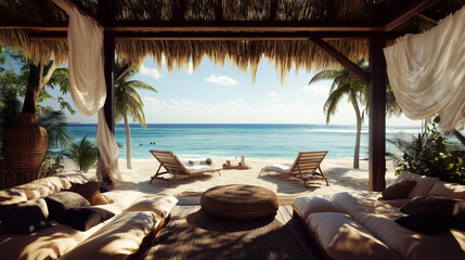 Obraz premium Bohemian Beachfront Lounge with Ocean View – Tranquil Coastal Interior Design