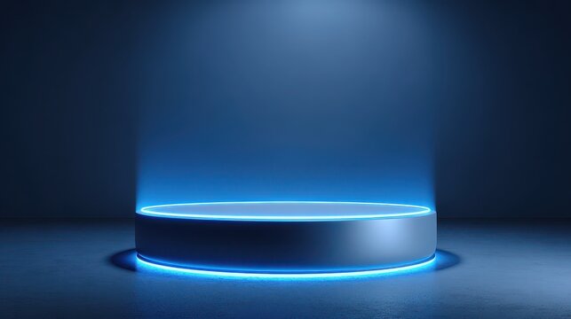 Stunning photo of background podium 3D light neon blue platform stage product abstract. Scene background 3D podium dark pedestal room glow studio empty stand floor night modern.