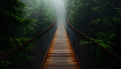 Obraz premium Wooden suspension bridge. Misty atmosphere, way through clouds, path between mountain rocks. Travel destination
