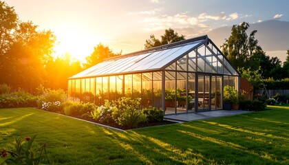 Obraz premium Sunset Greenhouse Garden Landscape.
