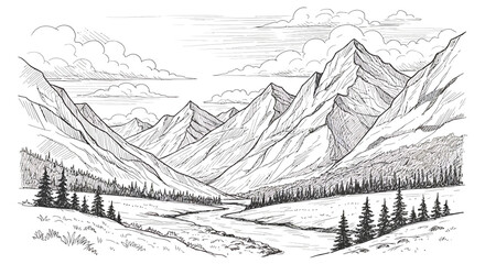 Monochrome vector sketch of a hand-drawn mountain landscape, minimal hiking scenery line art for outdoor, adventure, or travel design