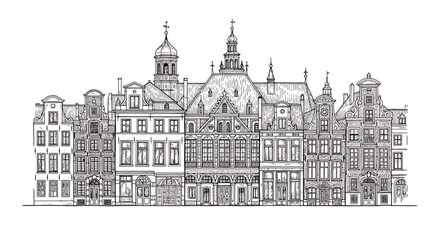 Obraz premium Detailed hand-drawn sketch of classic European buildings in monochrome vector style, architectural line art for design and travel use