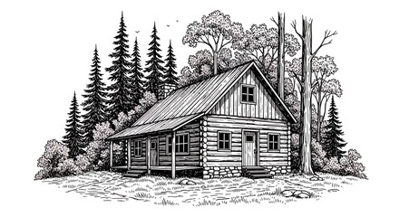 Hand-drawn monochrome vector sketch of a rustic cabin in the woods, peaceful natural scene with detailed linework for outdoor designs