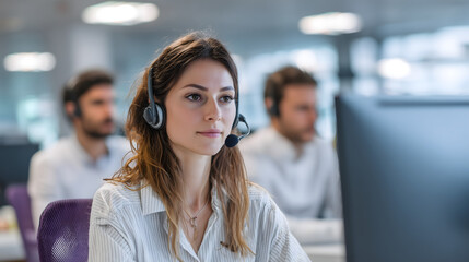 Female customer service representative wearing headset working in modern call center.
