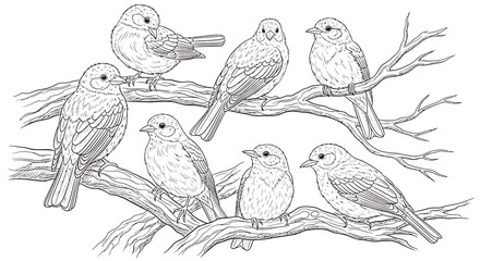 Hand-drawn monochrome vector sketch of birds perched on branches, naturalistic illustration perfect for nature, wildlife, or decorative use