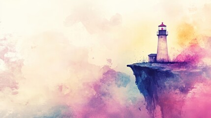 Floating cliff with a lighthouse in a dreamy watercolor style.
