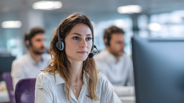 Female customer service representative wearing headset working in modern call center.
