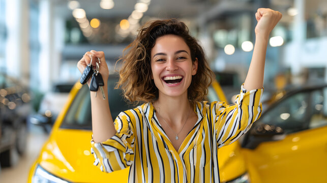 Overjoyed young woman standing in a car dealership in front of a yellow vehicle, holding car keys in one hand and raising the other in celebration, representing the excitement of purchasing a new car 