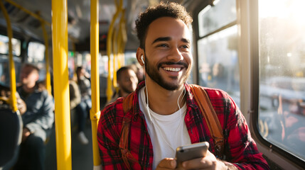 Smiling young man with a beard wearing earphones and a red checkered shirt, holding a smartphone while riding a city bus, sunlight streaming through the window, other passengers in the background  
