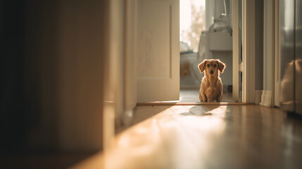Adorable puppy sitting in a sunlit hallway, looking towards the camera, warm morning light creating soft shadows on the wooden floor  
