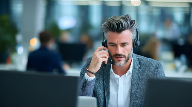 Mature male customer service representative wearing a headset, concentrating on a call while working at his desk in a modern office environment  
