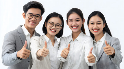 Group of young Asian business professionals smiling and giving thumbs up gesture, standing together in front of a white background, symbolizing success, positivity, and teamwork.