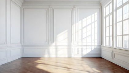 Empty white room with natural sunlight from windows. Interior design with wooden floor. Minimalist concept for advertising, background, business, product placement