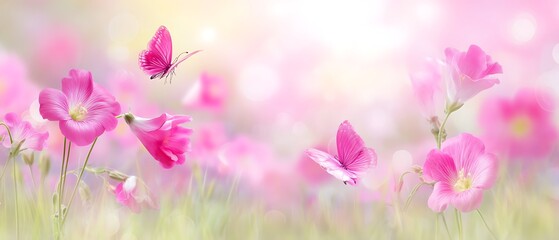 Delicate pink flowers and butterflies