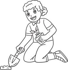 School Yard Girl Planting Seedlings Isolated 