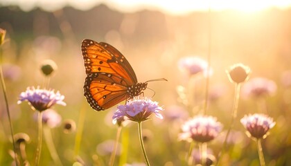 Butterfly Sunset Meadow Flowers.