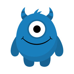Fototapeta premium Cute blue cyclops monster character with one eye and horns, vector illustration 