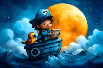 Watercolor scene with baby pirate sailing toy boat, compass, treasure map, parrot, anchor, and waves under a glowing moon. Isolated, no background. Ultra HD