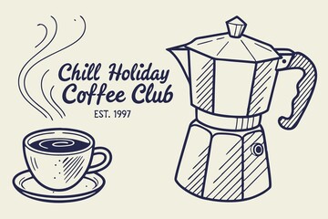 coffee club slogan print. with vintage hand drawn. Retro typography motivational coffee slogan print. coffee cup drawing for graphic tee t shirt or poster sticker - Vector