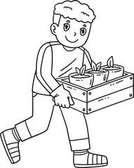 School Yard Boy Carrying Box of Seedlings Isolated