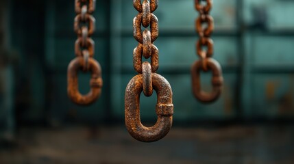 An artistic photograph of rusty chains hanging, symbolizing strength and resilience, set against a blurred industrial background that evokes feelings of nostalgia and history.