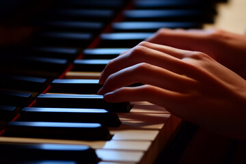 Obraz premium Hands playing a piano. The light shines on the keyboard as fingers press the keys, creating music in a dimly lit space. Focus on musical creation.